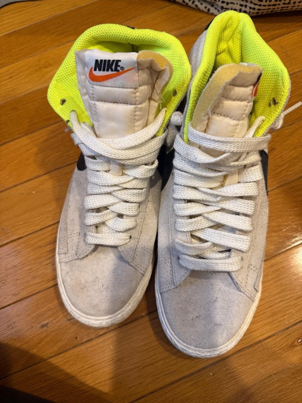 Nike White Suede High-Top Sneakers with Neon Yellow Lining